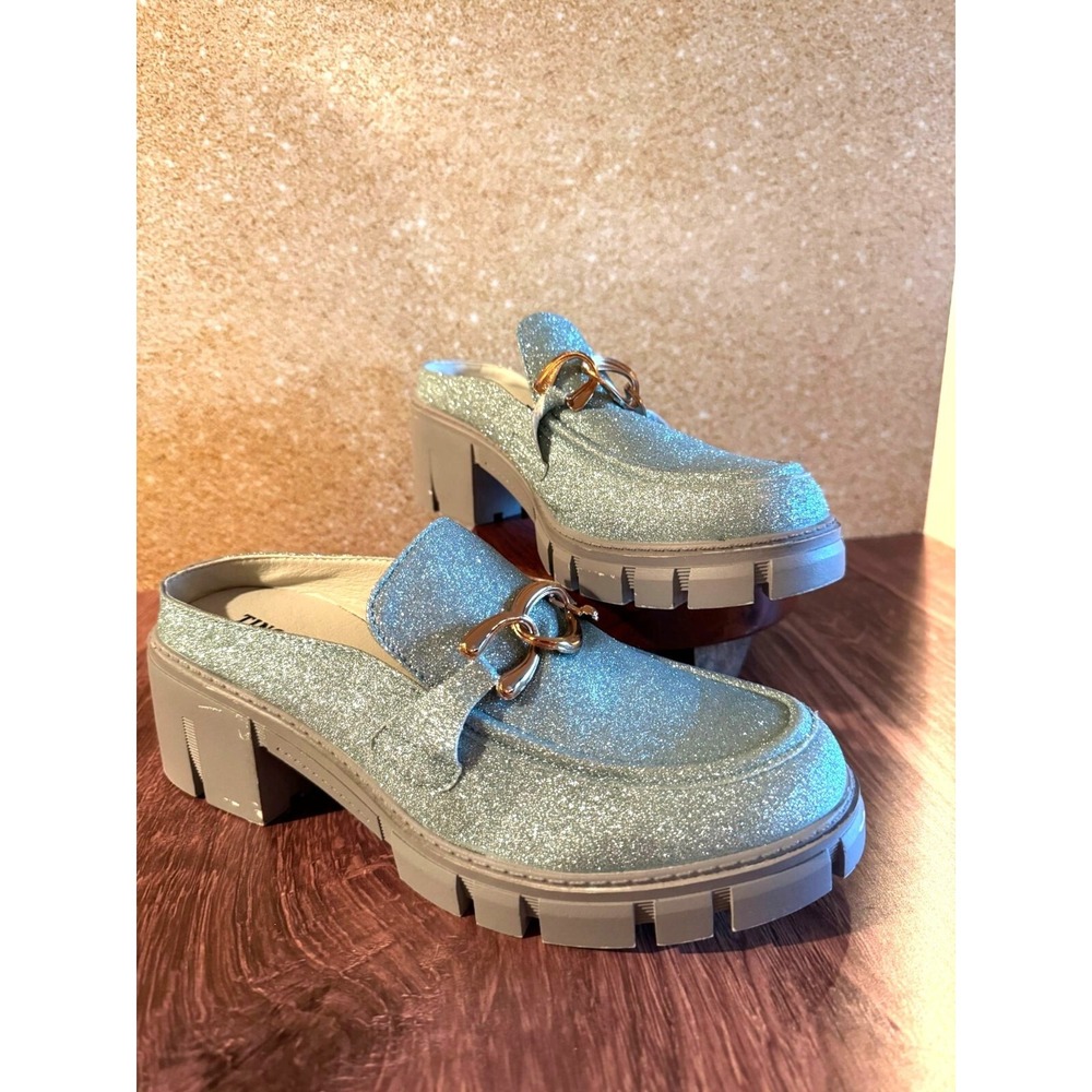 TINSTREE Platform Loafers Sparkly Blue Glitter Wedge Heel‎ size 10